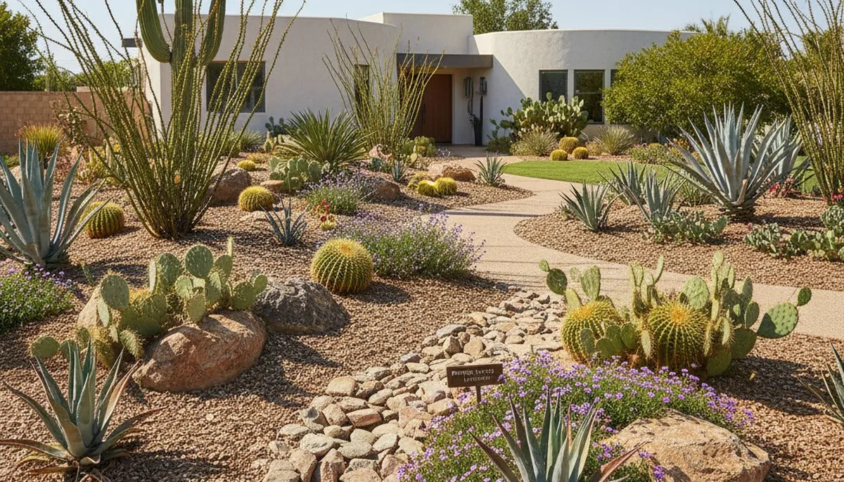 Professional desert landscape design with native plants and rock mulch in Fresno, CA yard