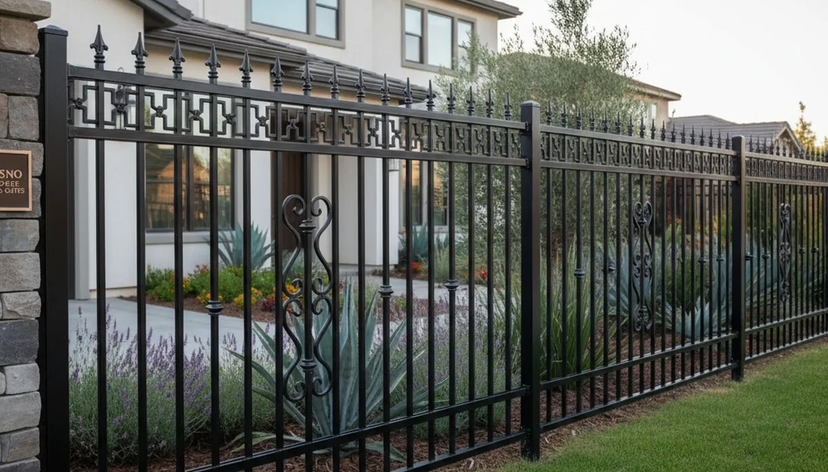 Black ornamental metal fence installation with decorative design by landscapers in Fresno, CA