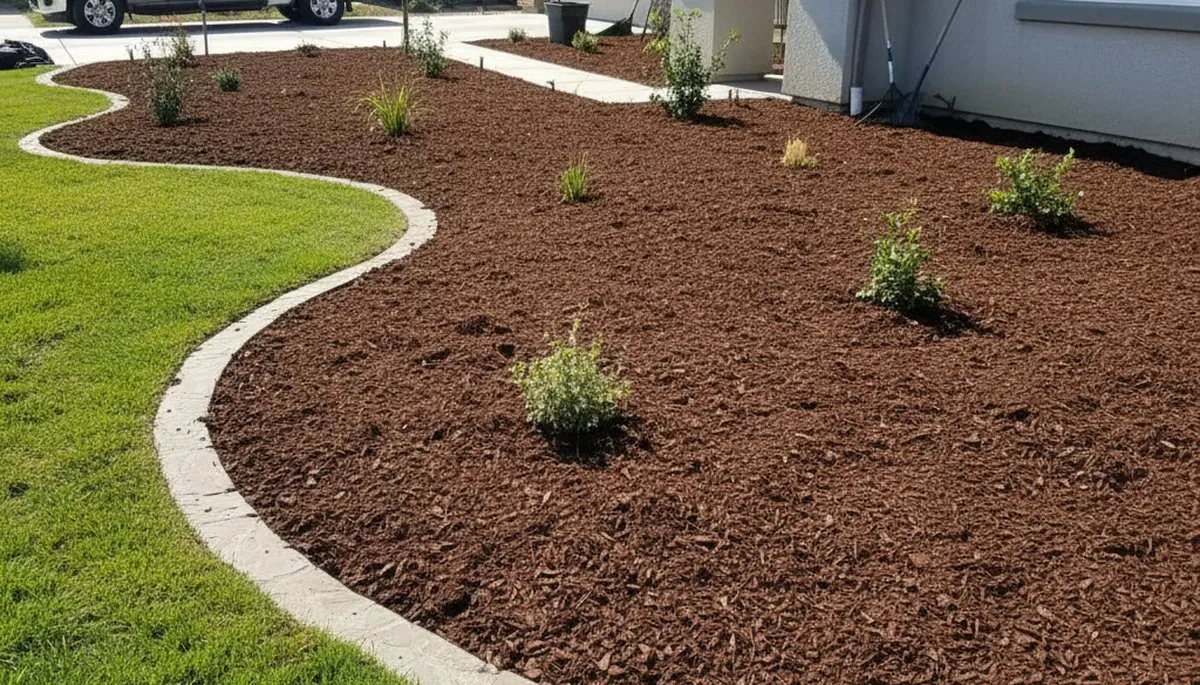 Fresh mulch installation with clean bed edges and rich color by landscaping experts in Fresno, CA