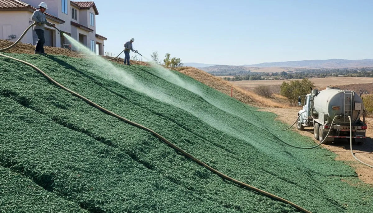 Professional hydroseeding on hillside slope for erosion control in Fresno, CA landscaping project