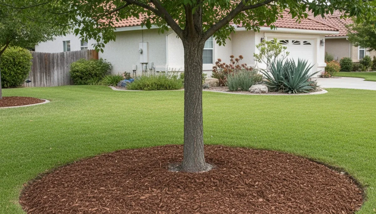 Professional mulch ring installation around tree base in Fresno, CA by expert landscaping team