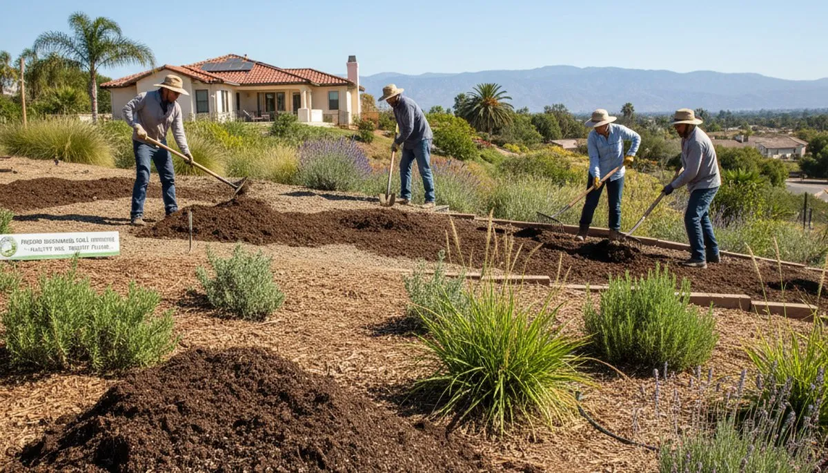 Applying organic compost and natural fertilizer to landscape beds in Fresno, CA