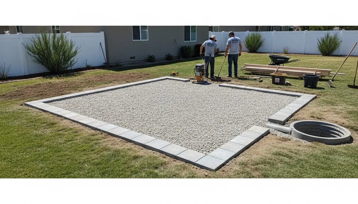 Shed foundation base preparation by Chop Chop Landscaping in Fresno, CA with level gravel pad and drainage