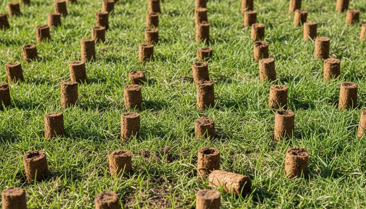 Close-up of lawn aeration soil core plugs on Fresno, CA grass by Chop Chop Landscaping