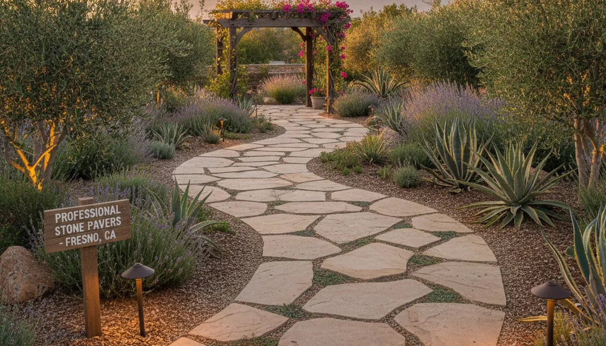 Curved stone paver pathway installation by Fresno, CA landscaping experts at Chop Chop Landscaping