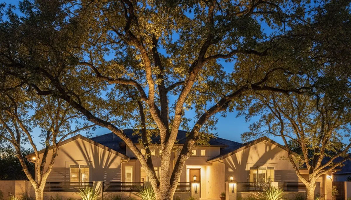 Mature trees uplighted at night showcasing professional landscape lighting design in Fresno, CA